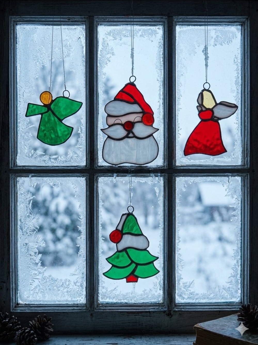 4 Stained Glass Christmas Sun catchers Ornaments Santa Angels Tree Vintage